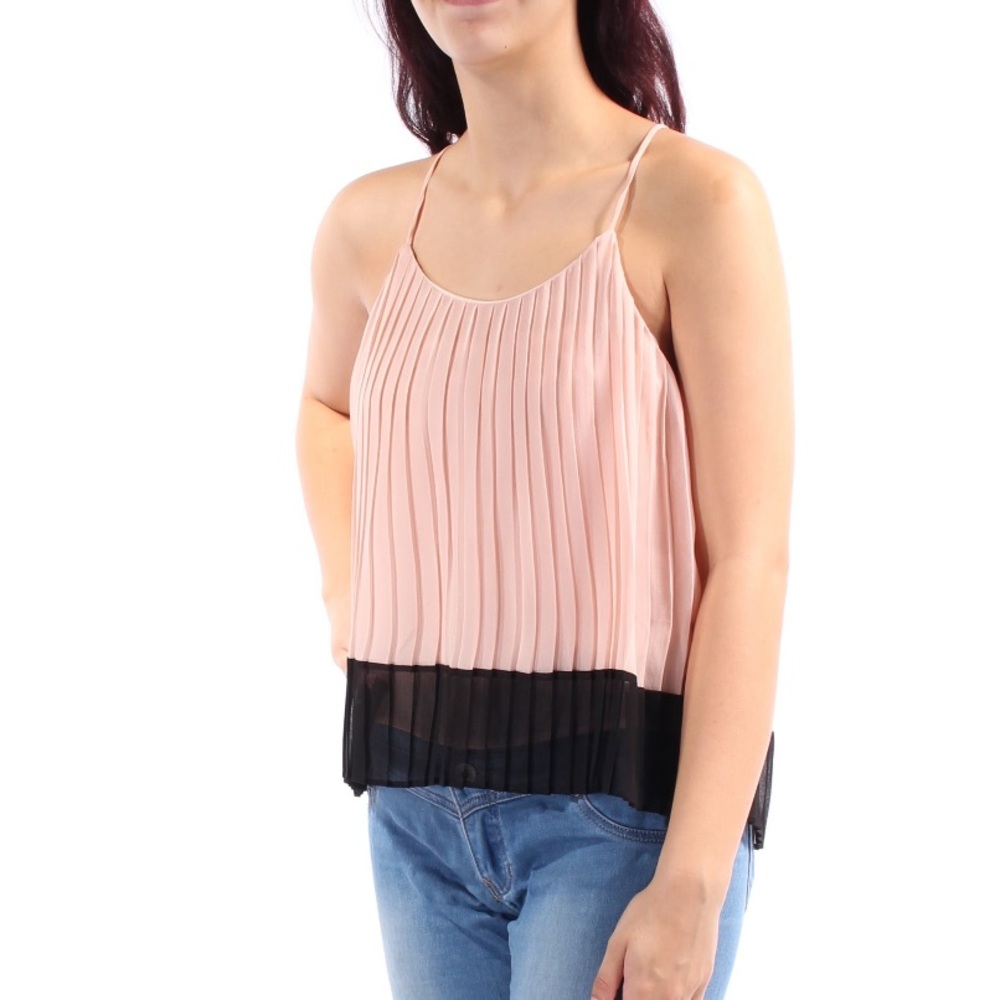 Bar III pink black pleated sleeveless jewel neck tank top L NWT